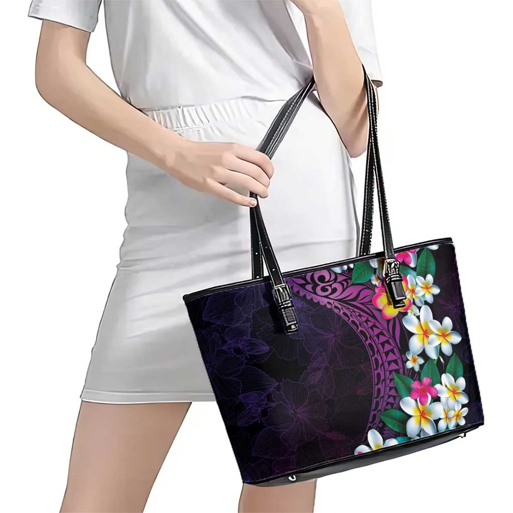 Hawaiian Plumeria-Polynesian Art Tattoo Mauve Color Leather Tote Bag