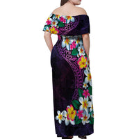 Hawaiian Plumeria-Polynesian Art Tattoo Mauve Color Off Shoulder Maxi Dress