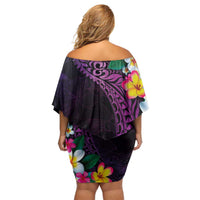 Hawaiian Plumeria-Polynesian Art Tattoo Mauve Color Off Shoulder Short Dress