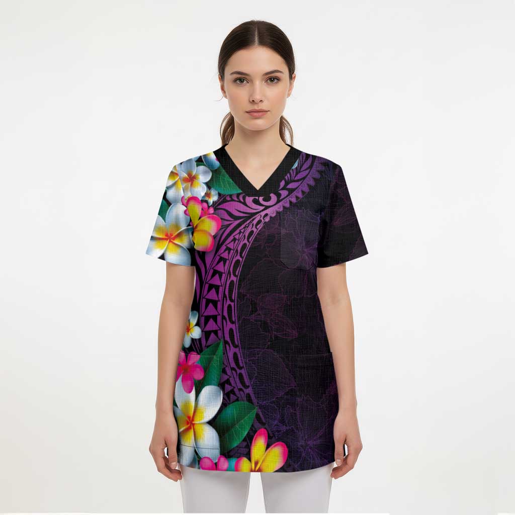 Hawaiian Plumeria-Polynesian Art Tattoo Mauve Color Scrub Top LT03 - Polynesian Pride