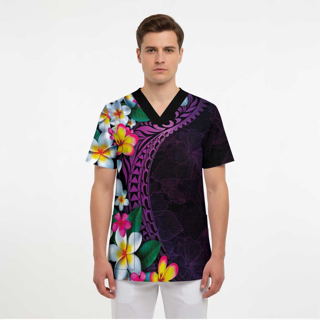 Hawaiian Plumeria-Polynesian Art Tattoo Mauve Color Scrub Top LT03 - Polynesian Pride