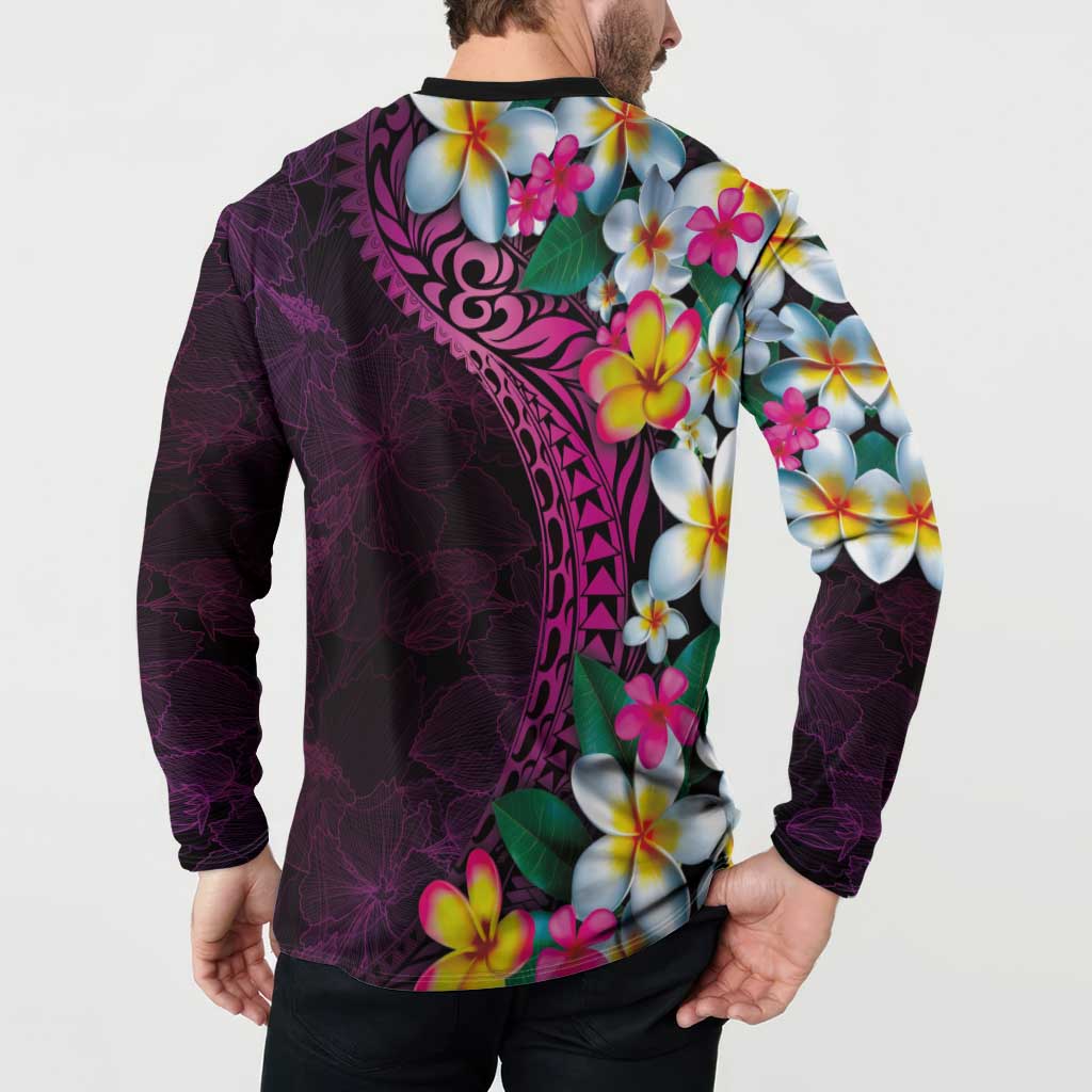 Hawaiian Plumeria-Polynesian Art Tattoo Plum Pink Color Button Sweatshirt