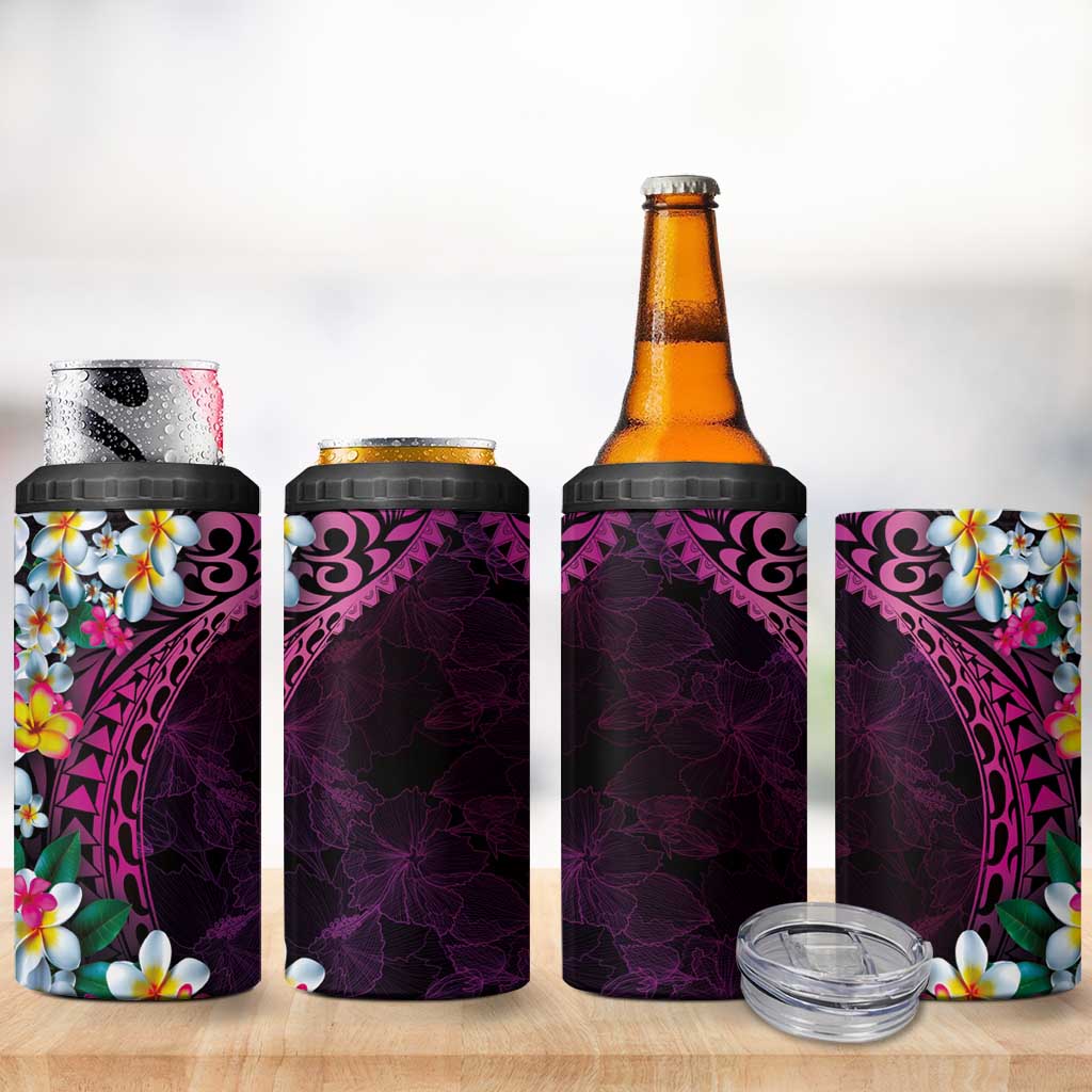 Hawaiian Plumeria-Polynesian Art Tattoo Plum Pink Color 4 in 1 Can Cooler Tumbler