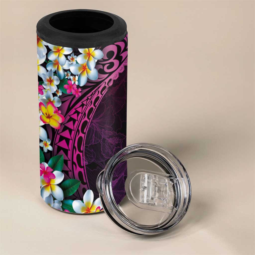 Hawaiian Plumeria-Polynesian Art Tattoo Plum Pink Color 4 in 1 Can Cooler Tumbler