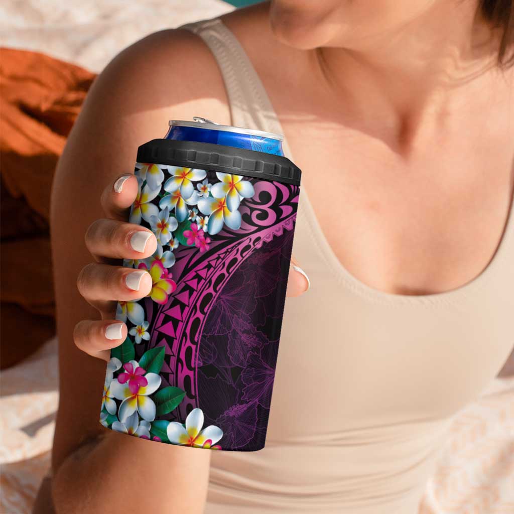 Hawaiian Plumeria-Polynesian Art Tattoo Plum Pink Color 4 in 1 Can Cooler Tumbler