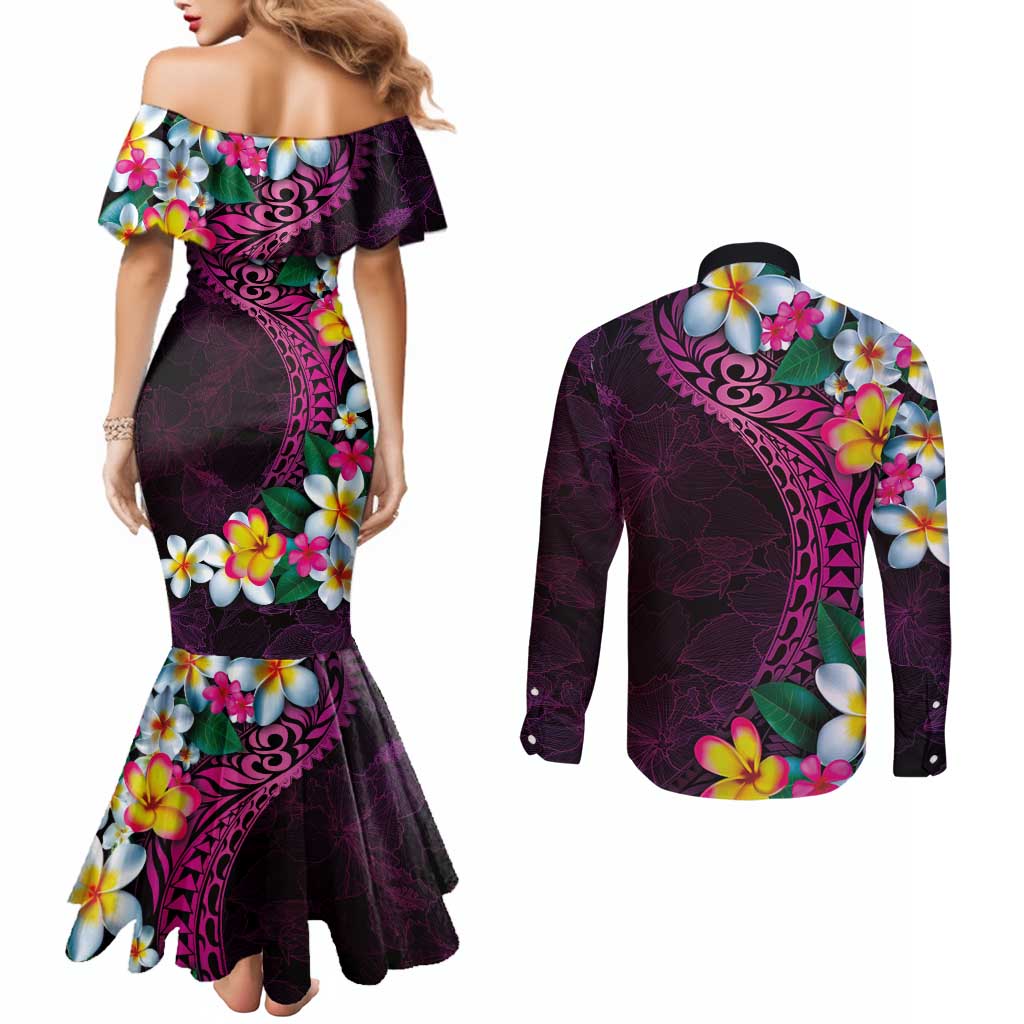Hawaiian Plumeria-Polynesian Art Tattoo Plum Pink Color Couples Matching Mermaid Dress and Long Sleeve Button Shirt