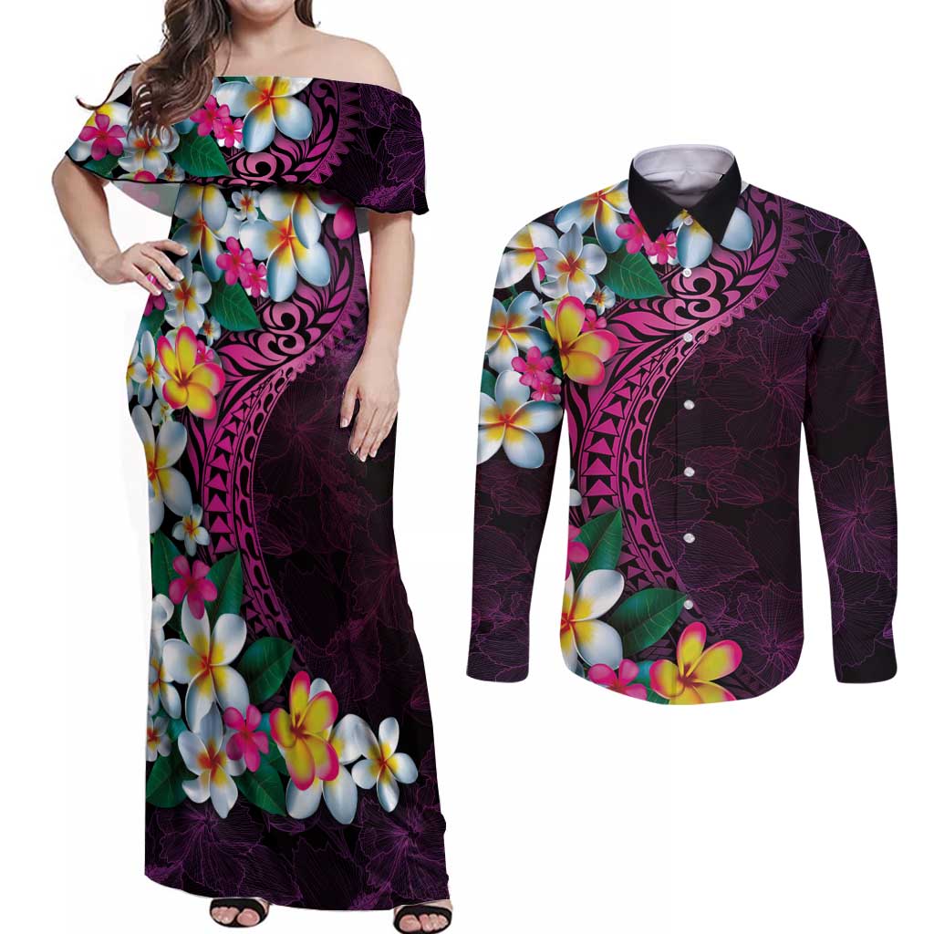 Hawaiian Plumeria-Polynesian Art Tattoo Plum Pink Color Couples Matching Off Shoulder Maxi Dress and Long Sleeve Button Shirt