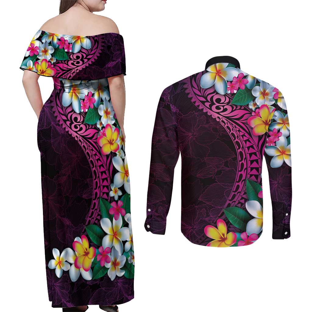 Hawaiian Plumeria-Polynesian Art Tattoo Plum Pink Color Couples Matching Off Shoulder Maxi Dress and Long Sleeve Button Shirt