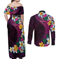 Hawaiian Plumeria-Polynesian Art Tattoo Plum Pink Color Couples Matching Off Shoulder Maxi Dress and Long Sleeve Button Shirt