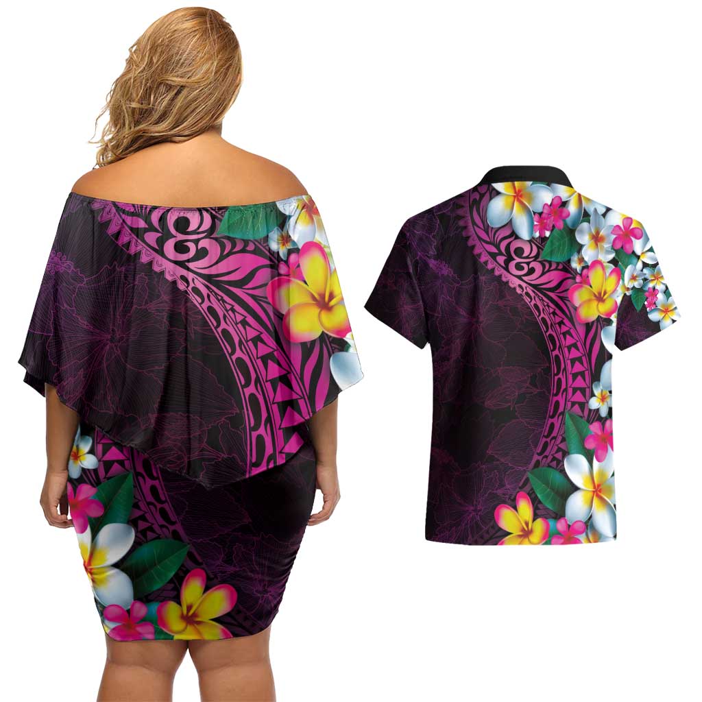 Hawaiian Plumeria-Polynesian Art Tattoo Plum Pink Color Couples Matching Off Shoulder Short Dress and Hawaiian Shirt