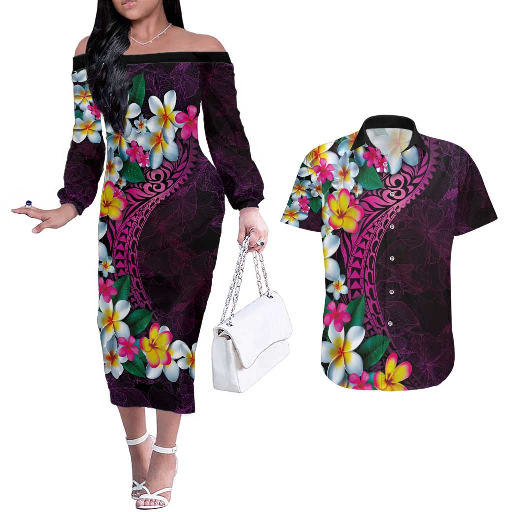Hawaiian Plumeria-Polynesian Art Tattoo Plum Pink Color Couples Matching Off The Shoulder Long Sleeve Dress and Hawaiian Shirt