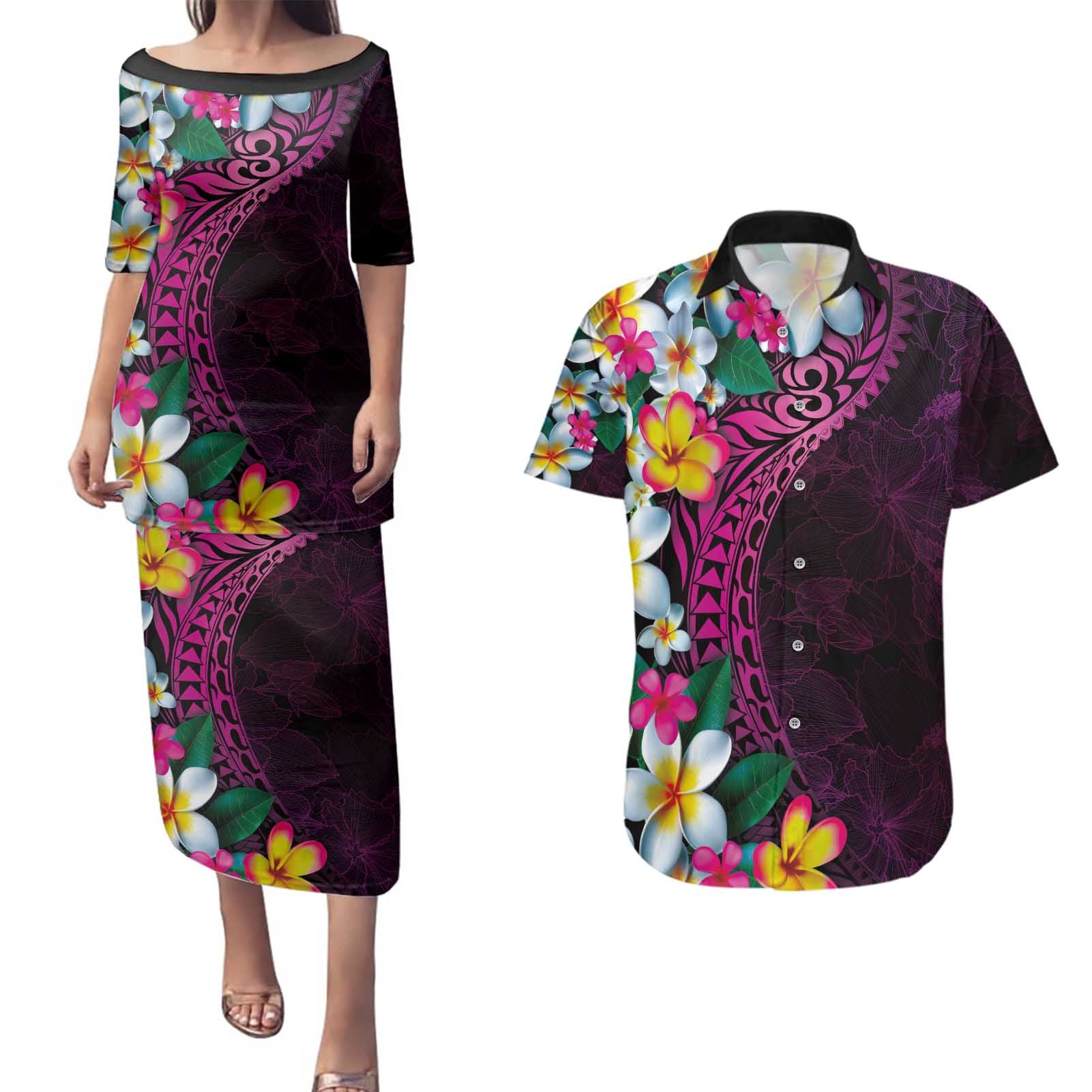 Hawaiian Plumeria-Polynesian Art Tattoo Plum Pink Color Couples Matching Puletasi and Hawaiian Shirt