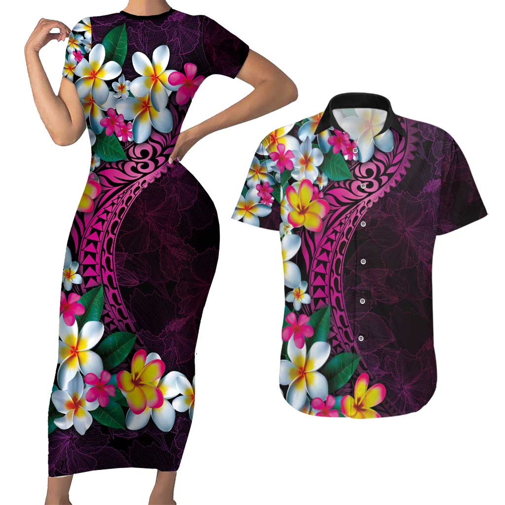 Hawaiian Plumeria-Polynesian Art Tattoo Plum Pink Color Couples Matching Short Sleeve Bodycon Dress and Hawaiian Shirt