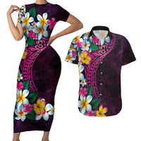 Hawaiian Plumeria-Polynesian Art Tattoo Plum Pink Color Couples Matching Short Sleeve Bodycon Dress and Hawaiian Shirt