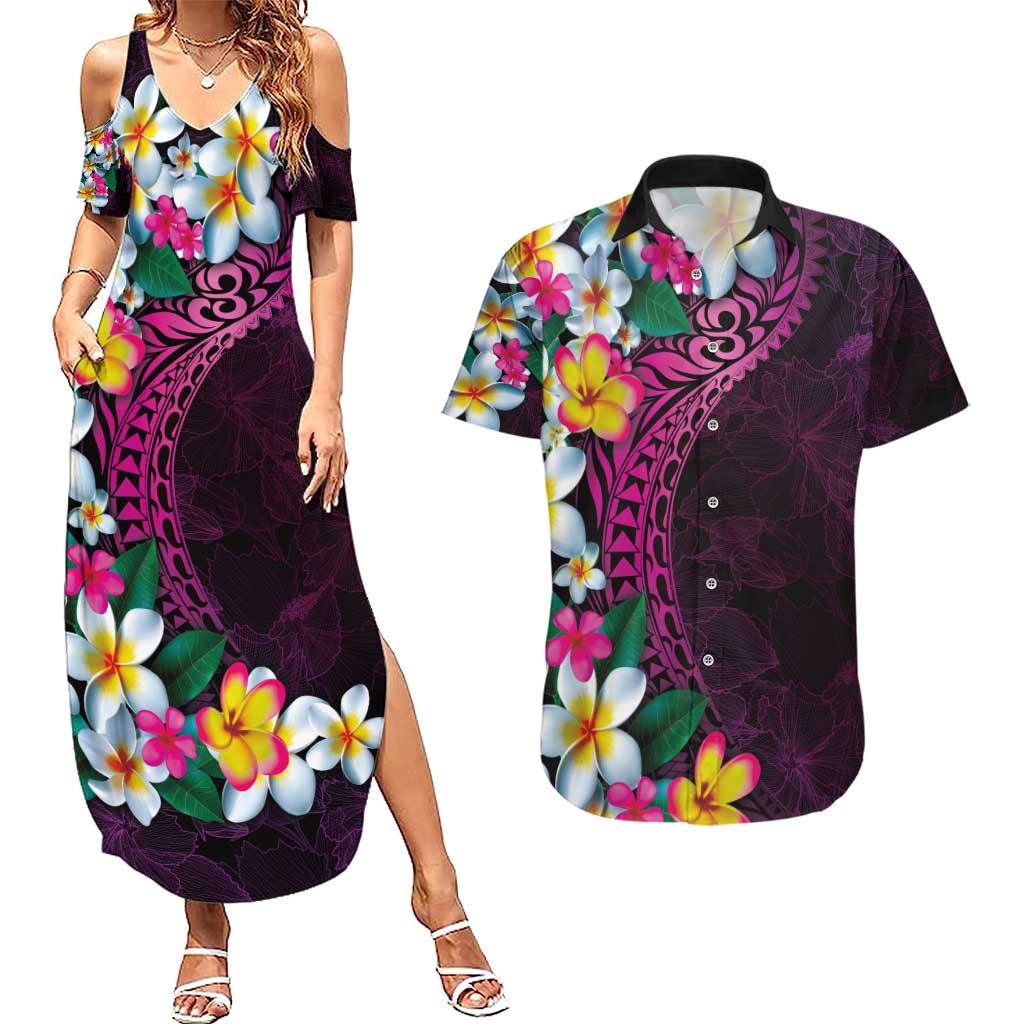 Hawaiian Plumeria-Polynesian Art Tattoo Plum Pink Color Couples Matching Summer Maxi Dress and Hawaiian Shirt