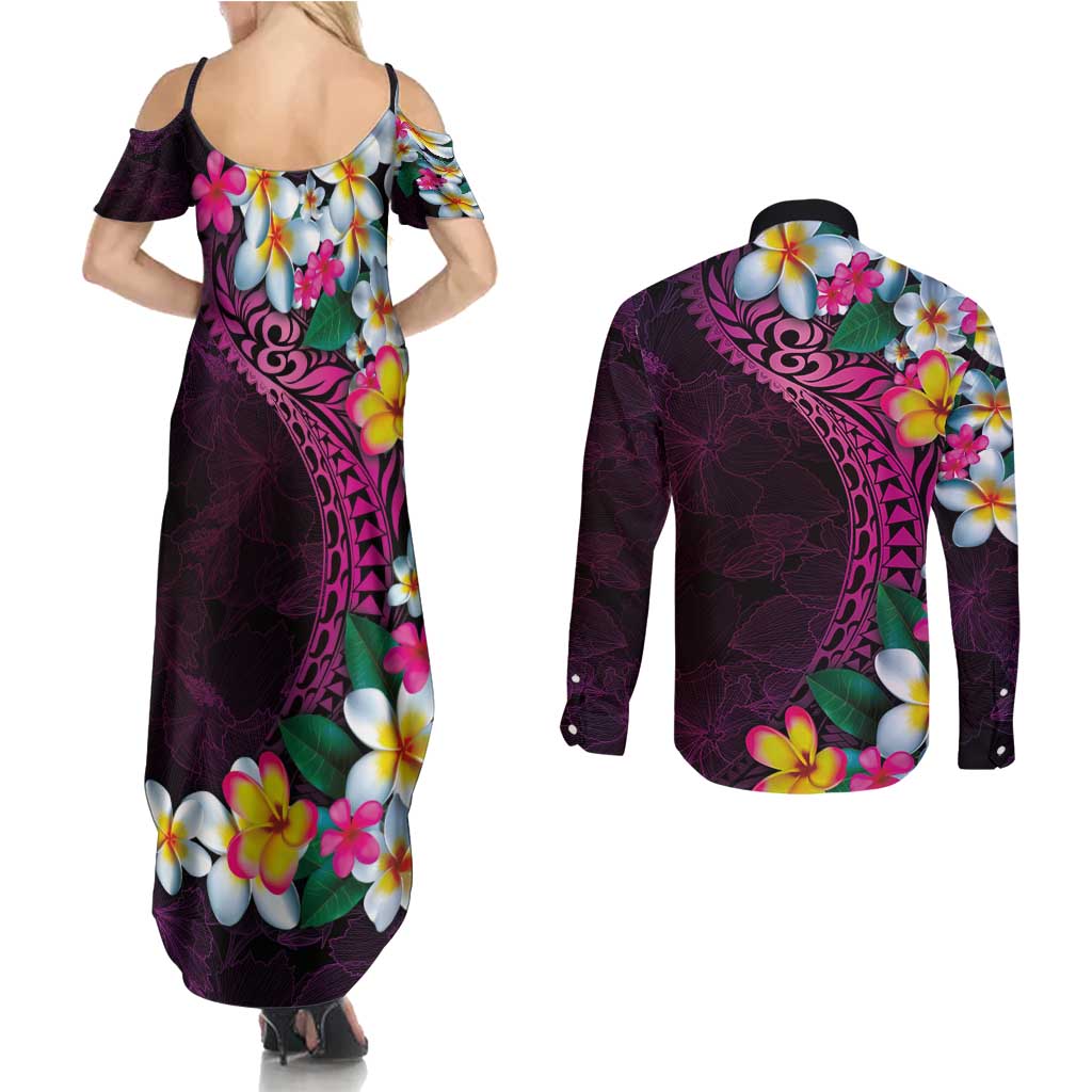 Hawaiian Plumeria-Polynesian Art Tattoo Plum Pink Color Couples Matching Summer Maxi Dress and Long Sleeve Button Shirt