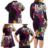 Hawaiian Plumeria-Polynesian Art Tattoo Plum Pink Color Family Matching Long Sleeve Bodycon Dress and Hawaiian Shirt LT03 - Polynesian Pride