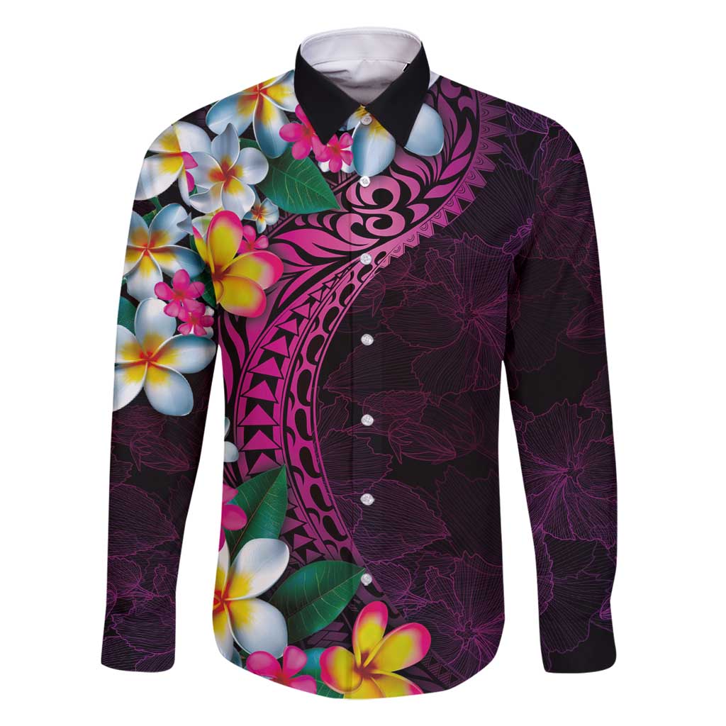 Hawaiian Plumeria-Polynesian Art Tattoo Plum Pink Color Family Matching Long Sleeve Bodycon Dress and Hawaiian Shirt LT03 Dad's Shirt - Long Sleeve Pink - Polynesian Pride