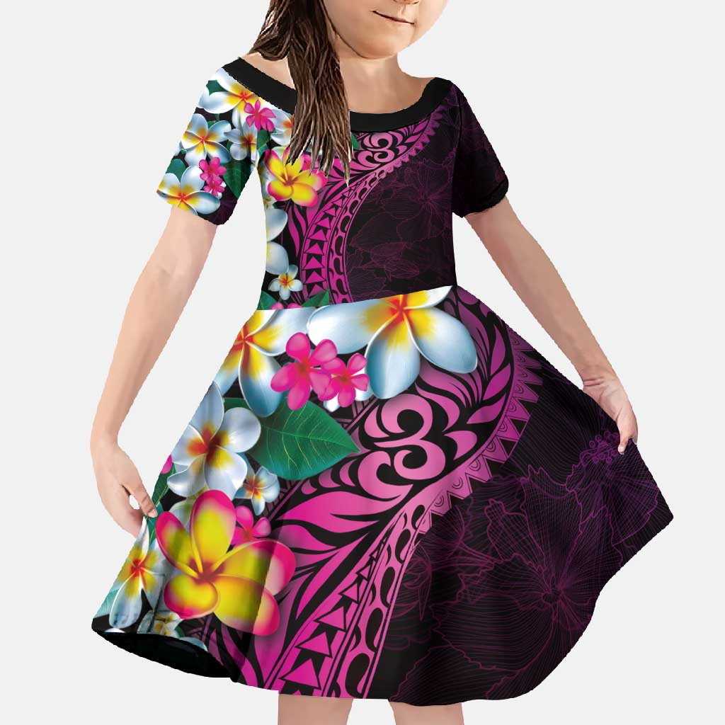Hawaiian Plumeria-Polynesian Art Tattoo Plum Pink Color Family Matching Short Sleeve Bodycon Dress and Hawaiian Shirt LT03 Daughter's Dress Pink - Polynesian Pride