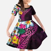 Hawaiian Plumeria-Polynesian Art Tattoo Plum Pink Color Family Matching Short Sleeve Bodycon Dress and Hawaiian Shirt LT03 Daughter's Dress Pink - Polynesian Pride