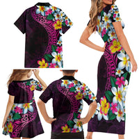Hawaiian Plumeria-Polynesian Art Tattoo Plum Pink Color Family Matching Short Sleeve Bodycon Dress and Hawaiian Shirt LT03 - Polynesian Pride