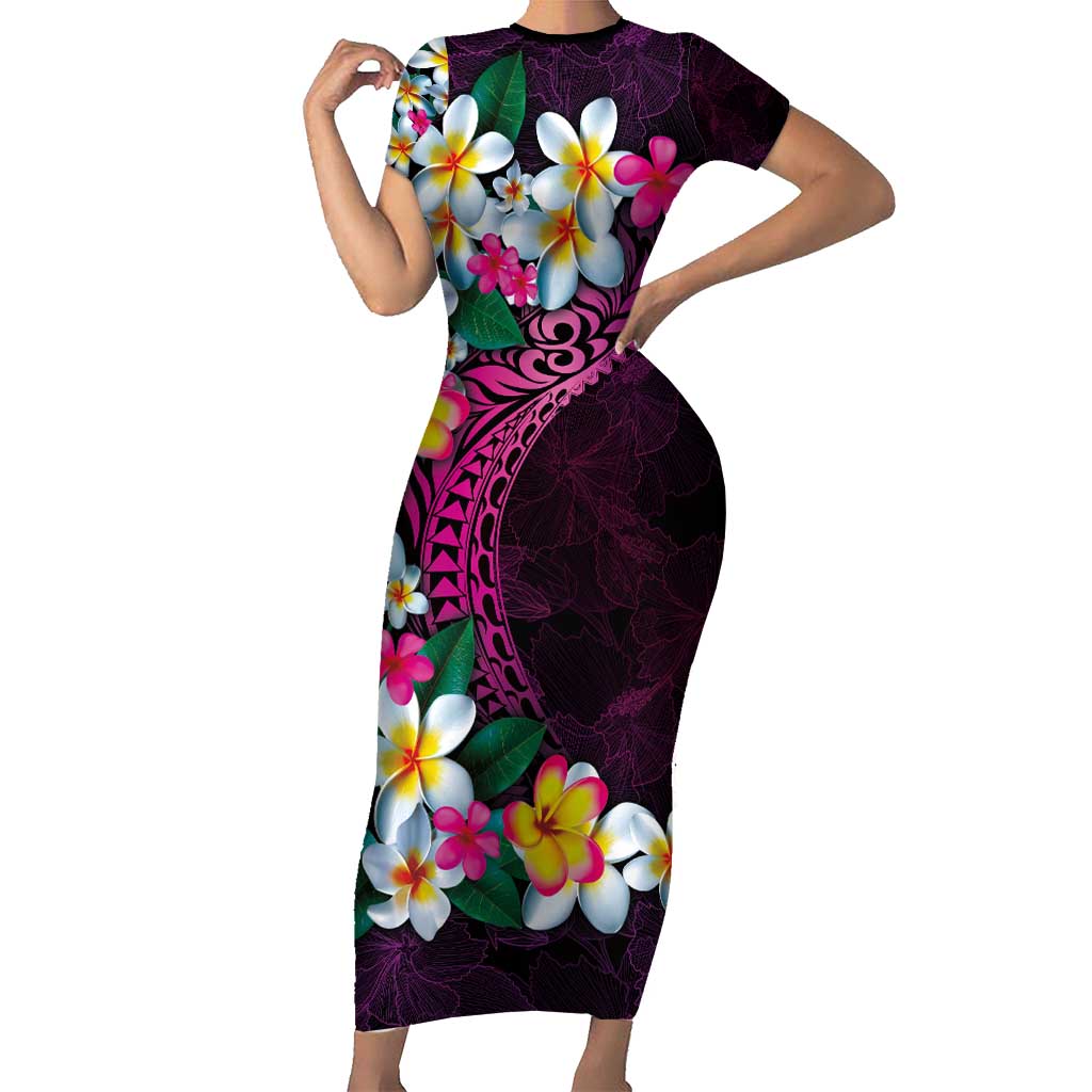 Hawaiian Plumeria-Polynesian Art Tattoo Plum Pink Color Family Matching Short Sleeve Bodycon Dress and Hawaiian Shirt LT03 Mom's Dress Pink - Polynesian Pride