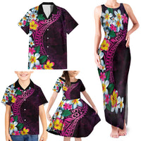 Hawaiian Plumeria-Polynesian Art Tattoo Plum Pink Color Family Matching Tank Maxi Dress and Hawaiian Shirt