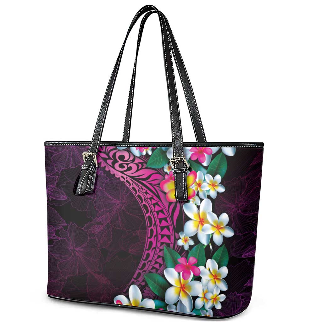 Hawaiian Plumeria-Polynesian Art Tattoo Plum Pink Color Leather Tote Bag