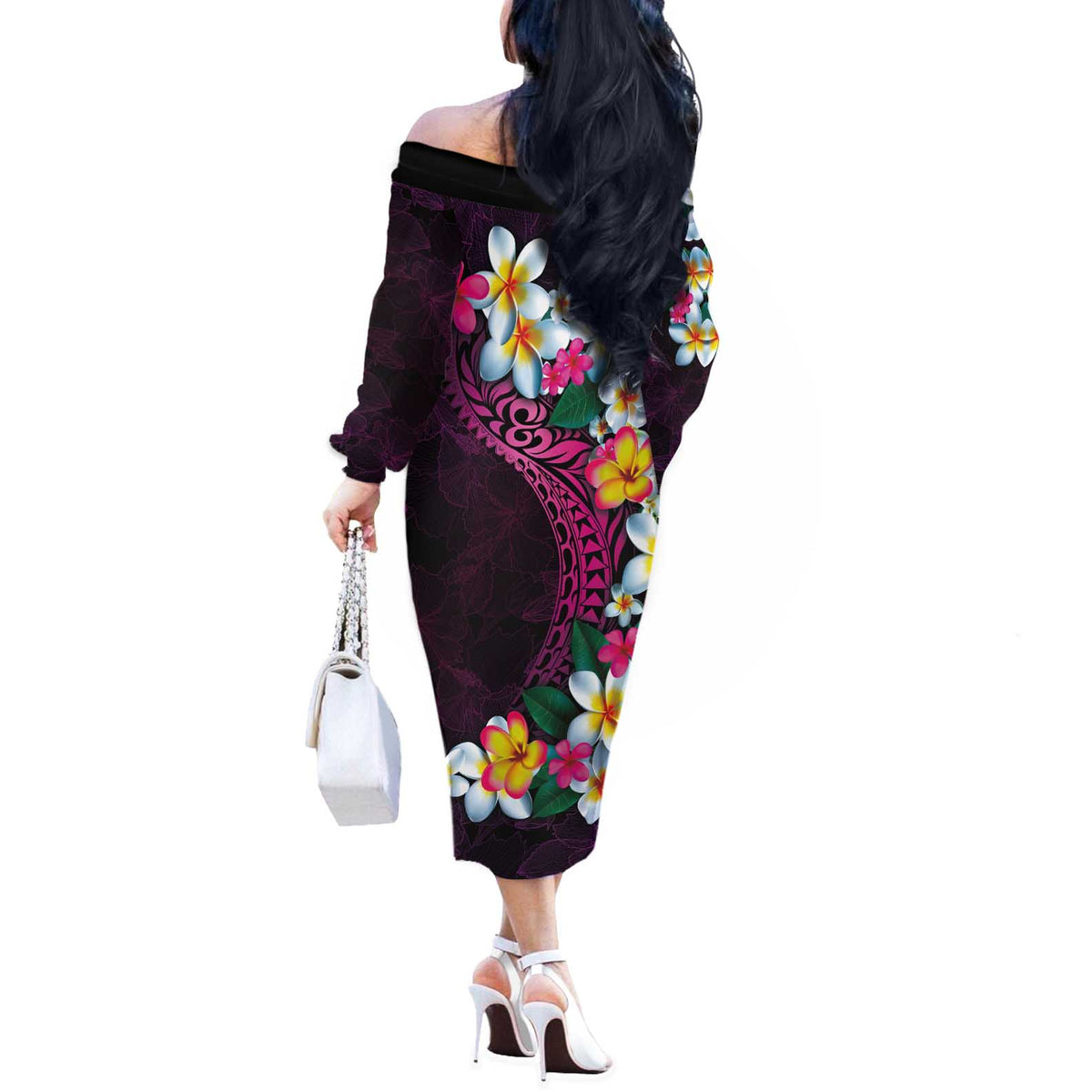 Hawaiian Plumeria-Polynesian Art Tattoo Plum Pink Color Off The Shoulder Long Sleeve Dress