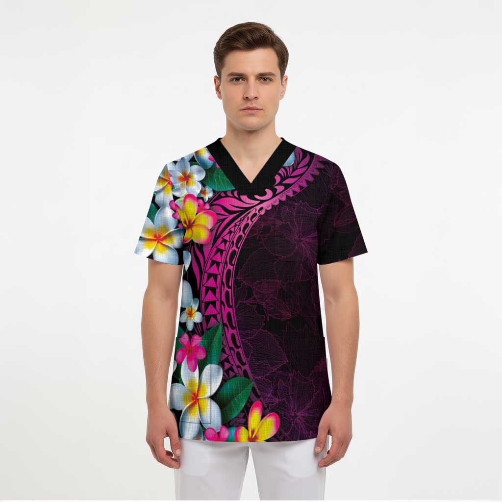 Hawaiian Plumeria-Polynesian Art Tattoo Plum Pink Color Scrub Top LT03 - Polynesian Pride