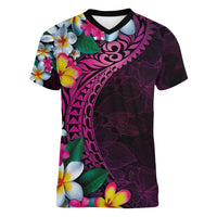 Hawaiian Plumeria-Polynesian Art Tattoo Plum Pink Color Women V-Neck T-Shirt LT03 Female Pink - Polynesian Pride