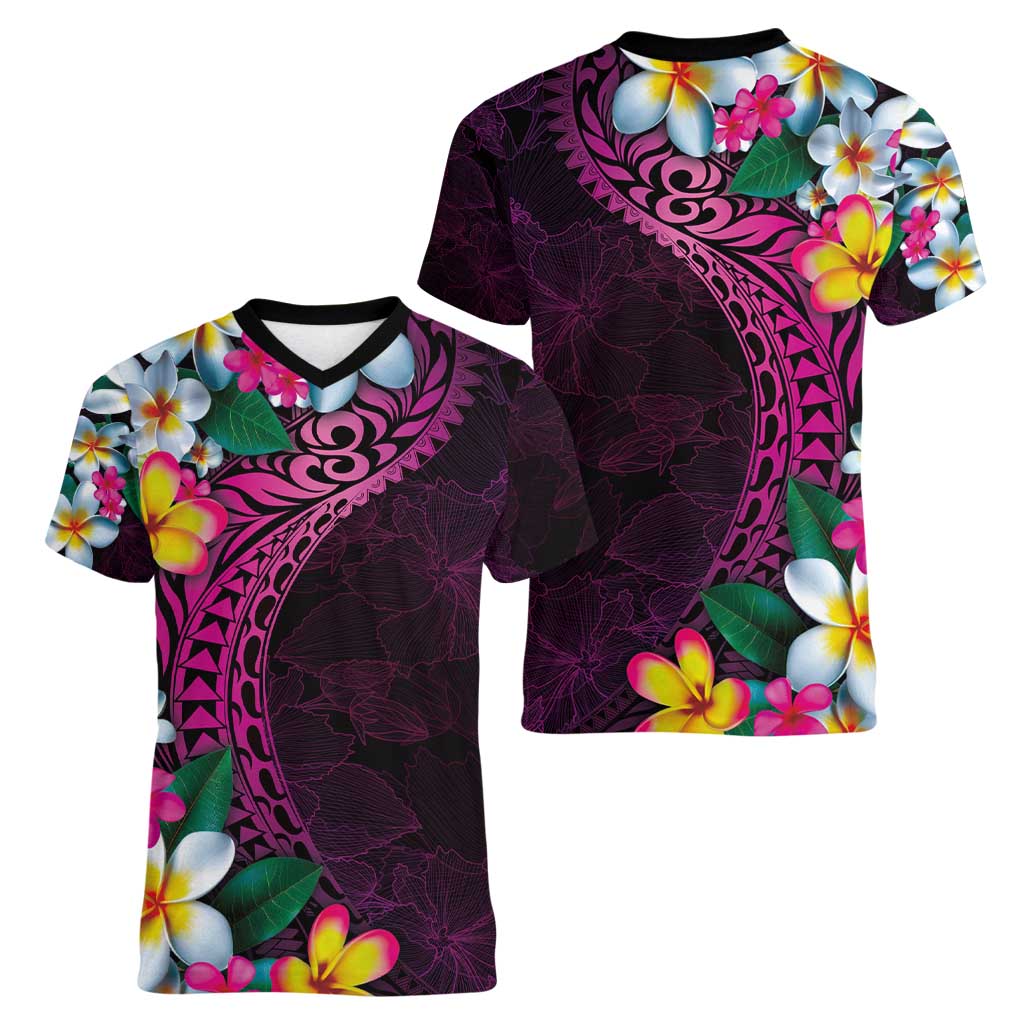 Hawaiian Plumeria-Polynesian Art Tattoo Plum Pink Color Women V-Neck T-Shirt LT03 - Polynesian Pride