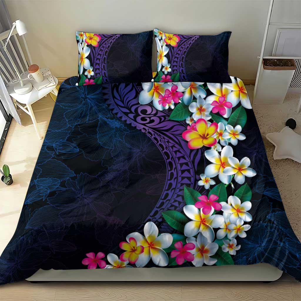 Hawaiian Plumeria-Polynesian Art Tattoo Frosted Blue Violet Color Bedding Set