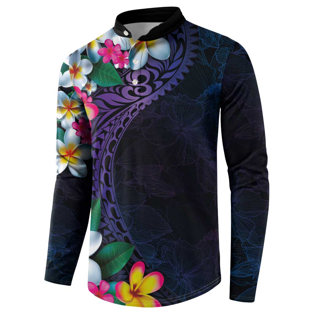 Hawaiian Plumeria-Polynesian Art Tattoo Frosted Blue Violet Color Button Sweatshirt