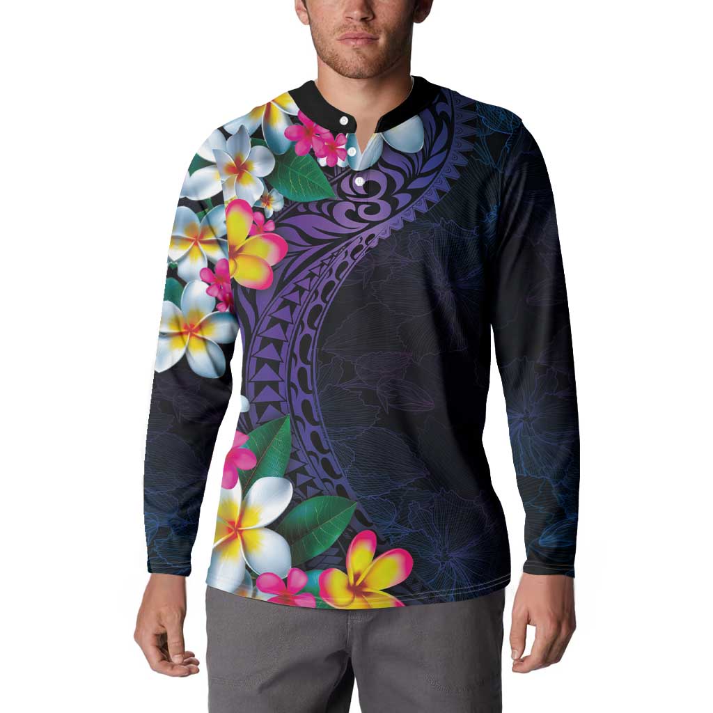 Hawaiian Plumeria-Polynesian Art Tattoo Frosted Blue Violet Color Button Sweatshirt