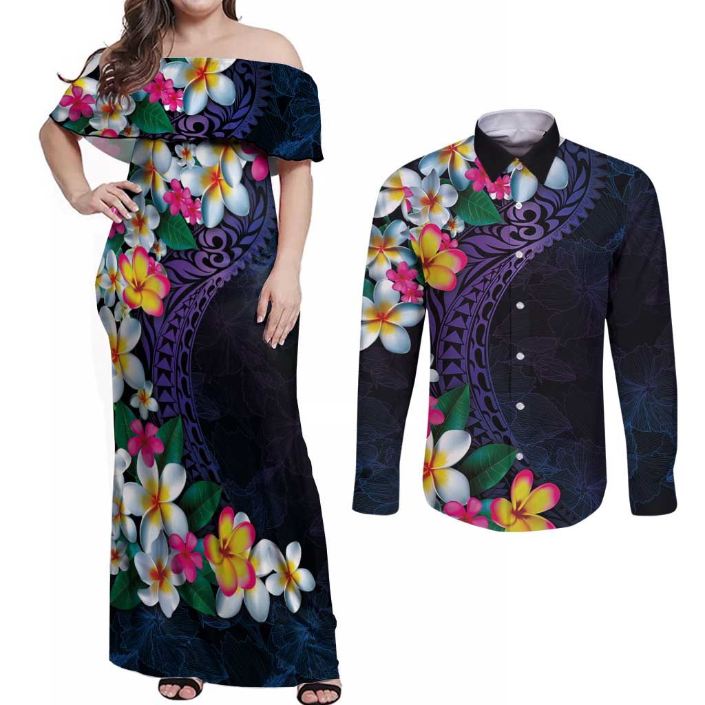 Hawaiian Plumeria-Polynesian Art Tattoo Frosted Blue Violet Color Couples Matching Off Shoulder Maxi Dress and Long Sleeve Button Shirt
