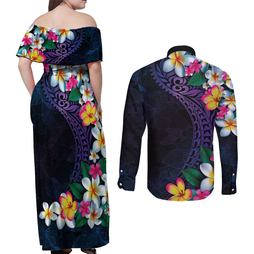 Hawaiian Plumeria-Polynesian Art Tattoo Frosted Blue Violet Color Couples Matching Off Shoulder Maxi Dress and Long Sleeve Button Shirt