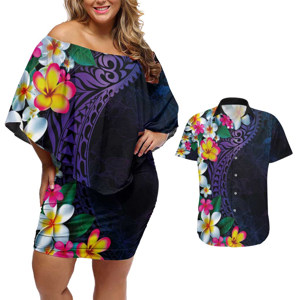 Hawaiian Plumeria-Polynesian Art Tattoo Frosted Blue Violet Color Couples Matching Off Shoulder Short Dress and Hawaiian Shirt