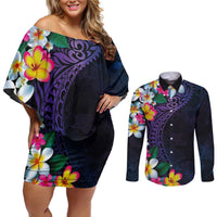Hawaiian Plumeria-Polynesian Art Tattoo Frosted Blue Violet Color Couples Matching Off Shoulder Short Dress and Long Sleeve Button Shirt