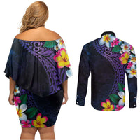 Hawaiian Plumeria-Polynesian Art Tattoo Frosted Blue Violet Color Couples Matching Off Shoulder Short Dress and Long Sleeve Button Shirt