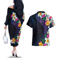 Hawaiian Plumeria-Polynesian Art Tattoo Frosted Blue Violet Color Couples Matching Off The Shoulder Long Sleeve Dress and Hawaiian Shirt