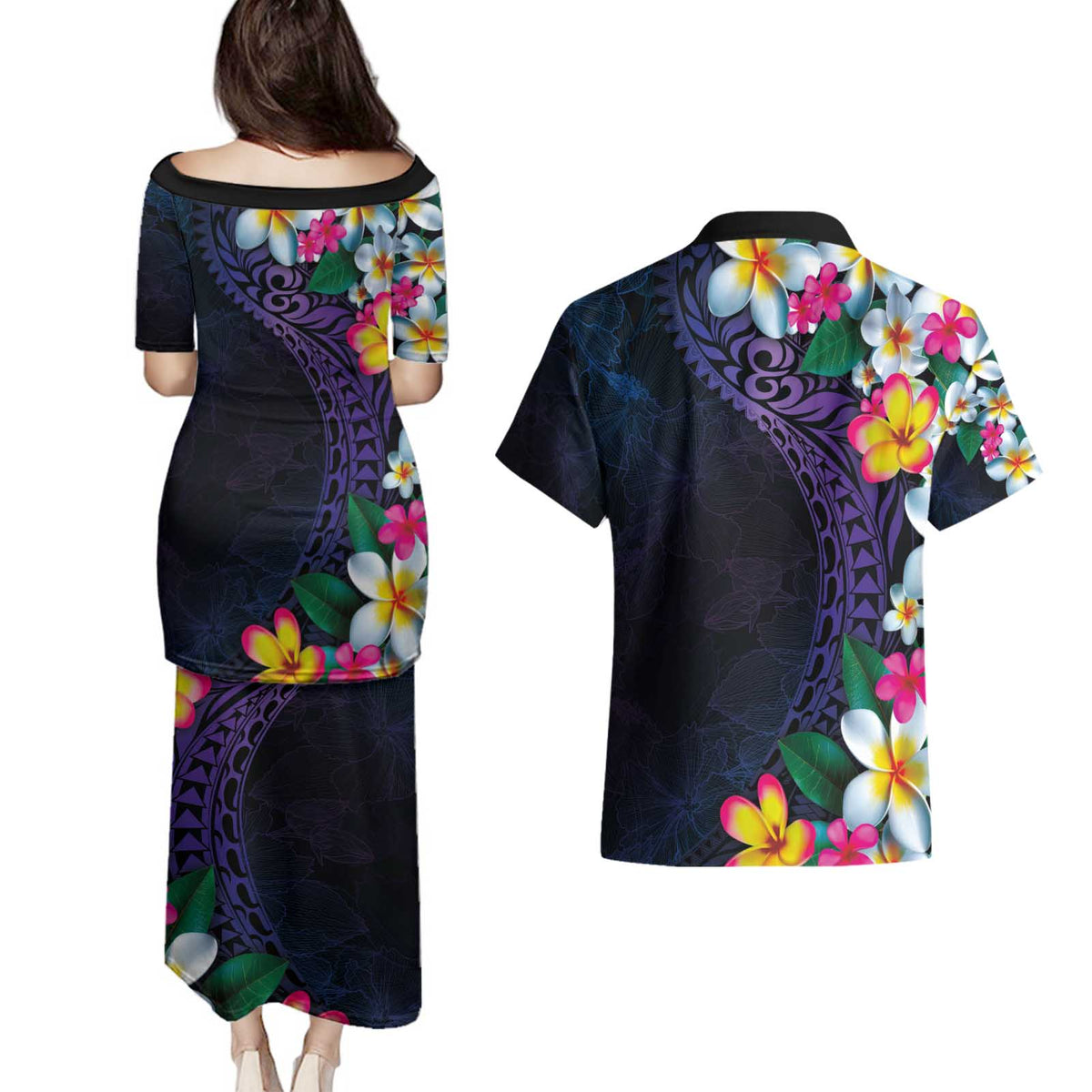 Hawaiian Plumeria-Polynesian Art Tattoo Frosted Blue Violet Color Couples Matching Puletasi and Hawaiian Shirt