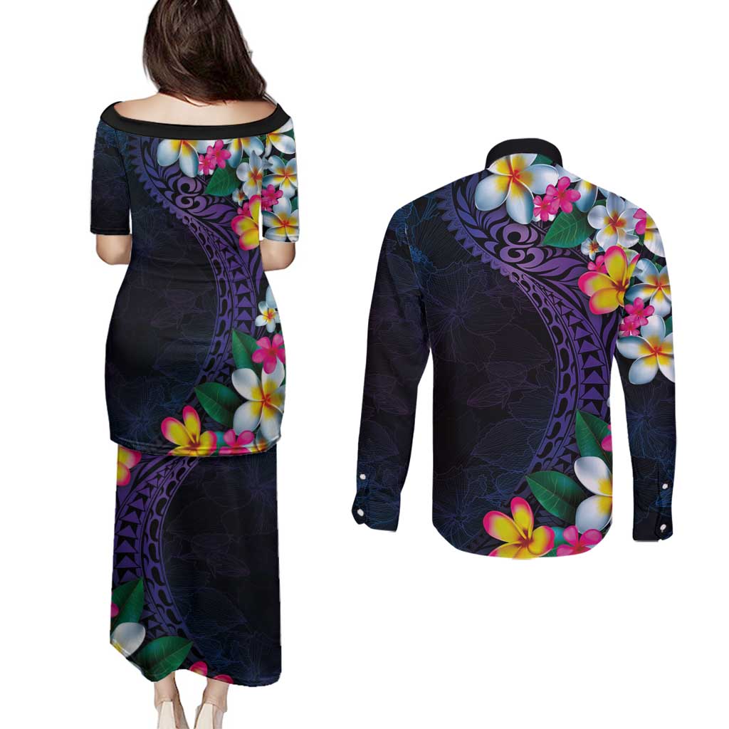 Hawaiian Plumeria-Polynesian Art Tattoo Frosted Blue Violet Color Couples Matching Puletasi and Long Sleeve Button Shirt