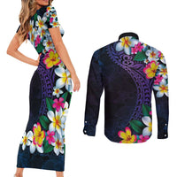 Hawaiian Plumeria-Polynesian Art Tattoo Frosted Blue Violet Color Couples Matching Short Sleeve Bodycon Dress and Long Sleeve Button Shirt