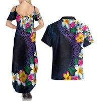 Hawaiian Plumeria-Polynesian Art Tattoo Frosted Blue Violet Color Couples Matching Summer Maxi Dress and Hawaiian Shirt