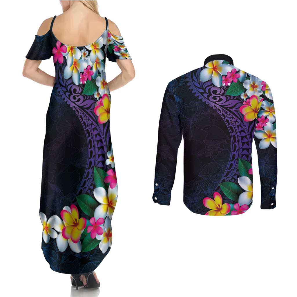 Hawaiian Plumeria-Polynesian Art Tattoo Frosted Blue Violet Color Couples Matching Summer Maxi Dress and Long Sleeve Button Shirt