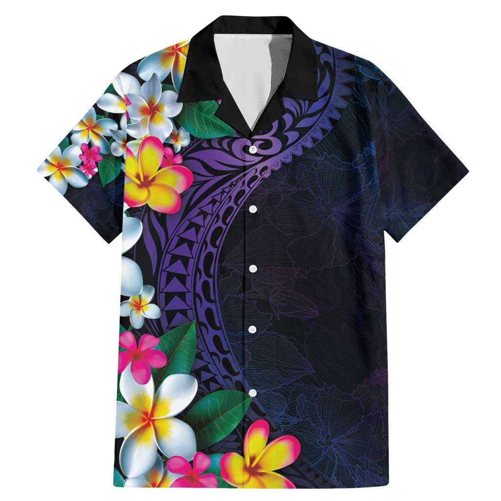 Hawaiian Plumeria-Polynesian Art Tattoo Frosted Blue Violet Color Family Matching Mermaid Dress and Hawaiian Shirt LT03 Dad's Shirt - Short Sleeve Blue - Polynesian Pride