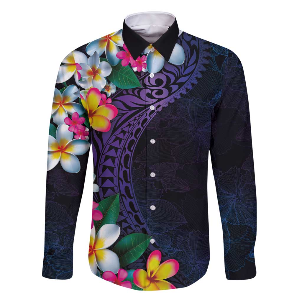 Hawaiian Plumeria-Polynesian Art Tattoo Frosted Blue Violet Color Family Matching Mermaid Dress and Hawaiian Shirt LT03 Dad's Shirt - Long Sleeve Blue - Polynesian Pride