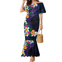 Hawaiian Plumeria-Polynesian Art Tattoo Frosted Blue Violet Color Family Matching Mermaid Dress and Hawaiian Shirt LT03 Mom's Dress Blue - Polynesian Pride
