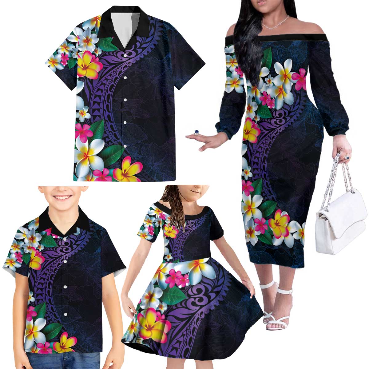 Hawaiian Plumeria-Polynesian Art Tattoo Frosted Blue Violet Color Family Matching Off The Shoulder Long Sleeve Dress and Hawaiian Shirt